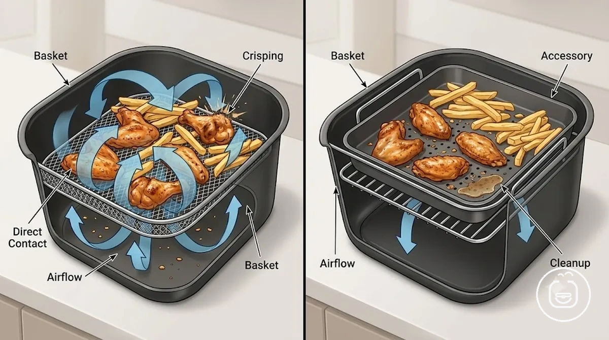 Comparison of food cooked directly in the basket and with an accessory showing airflow and cleanup differences