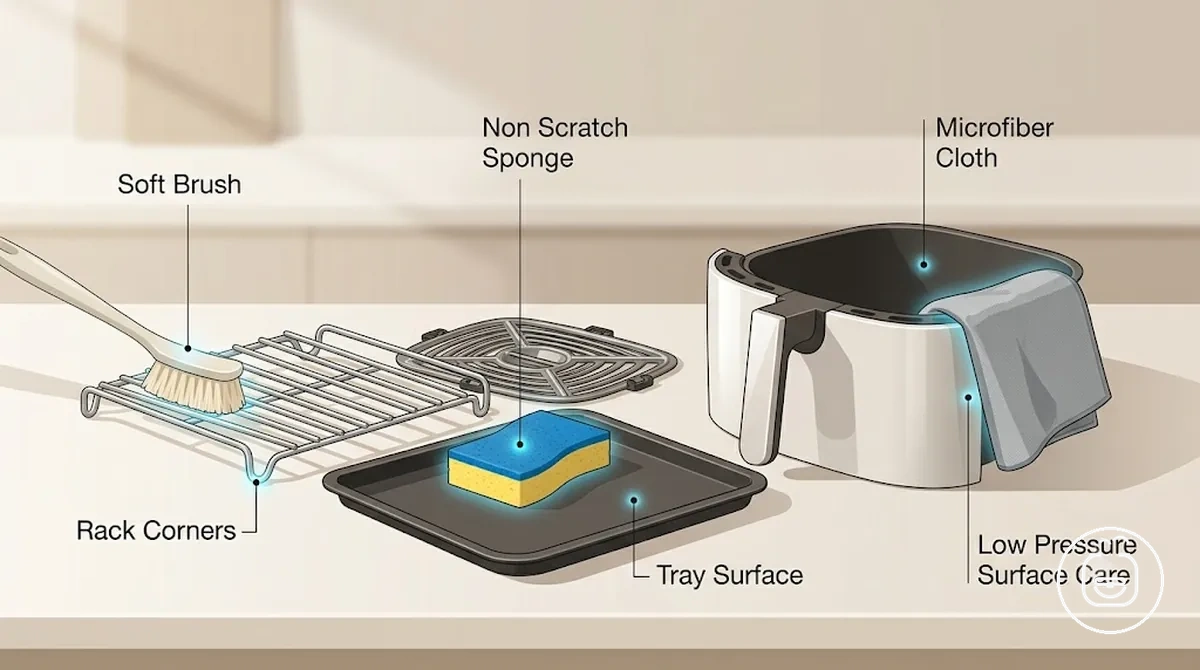 Non abrasive brushes sponges and cloths for air fryer accessory cleaning