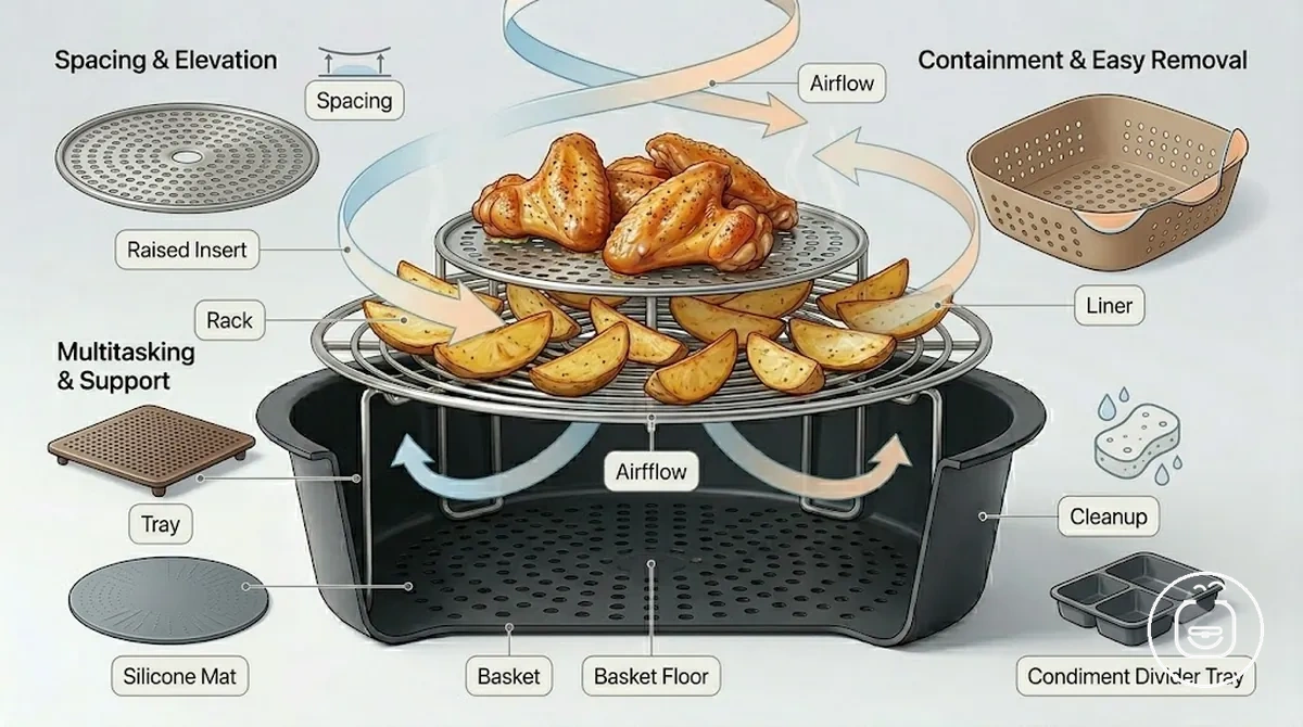Air fryer accessories shown as function-based add-ons inside and around a basket