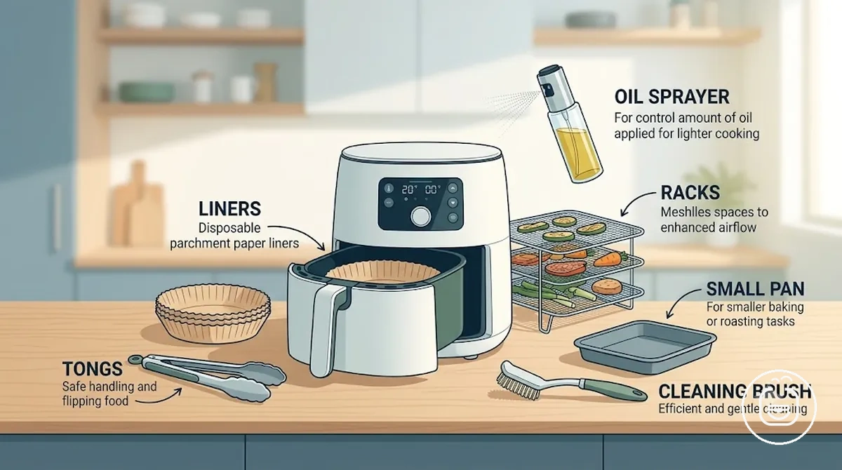 Simple first air fryer accessory setup for new users with basic tools for cooking and cleanup