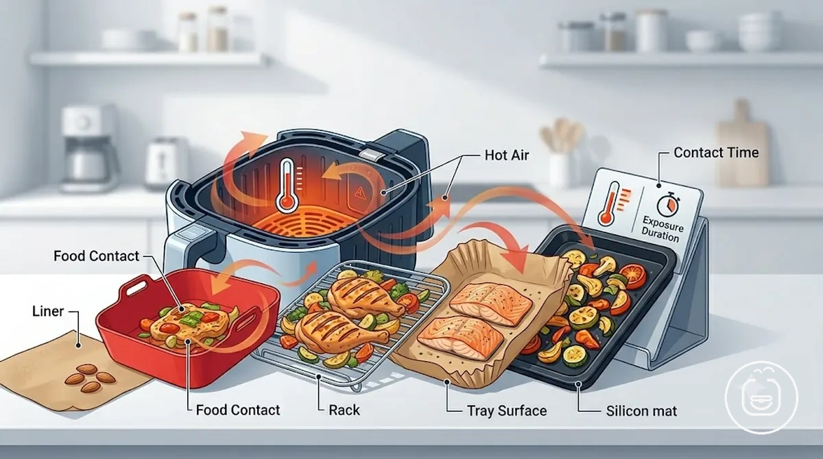 Annotated air fryer basket showing food-contact surfaces, support surfaces, and hot air exposure