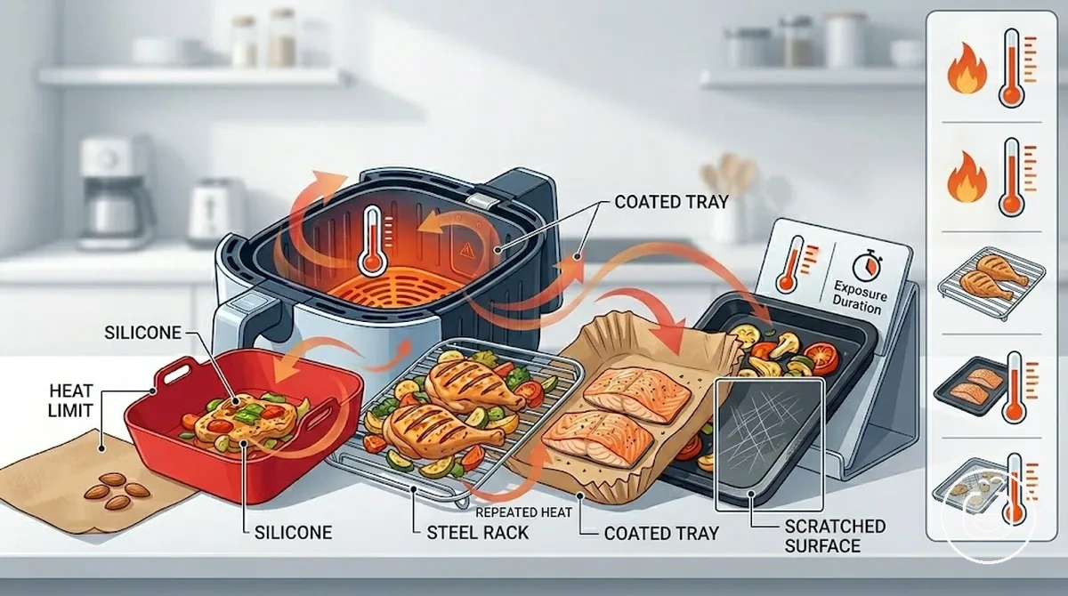 Comparison graphic showing heat rating and coating stability checks for air fryer accessories