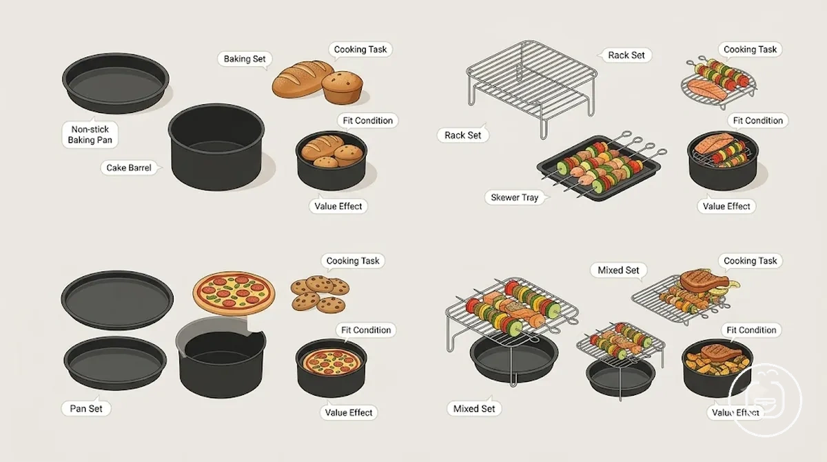 Baking set, rack set and pan set variations for air fryer accessories