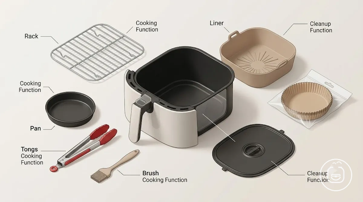 Common air fryer accessory kit pieces with labels for cooking and cleanup functions