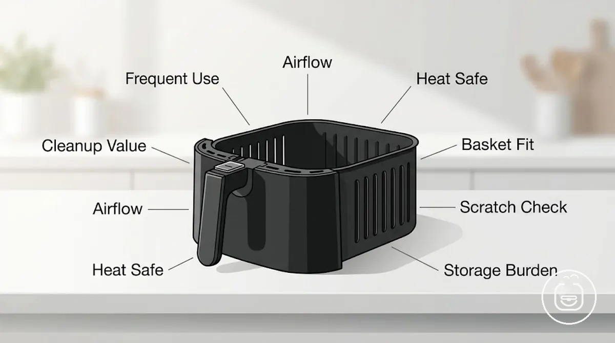 Criteria for essential air fryer accessories showing fit, airflow, cleanup and heat-safe material checks