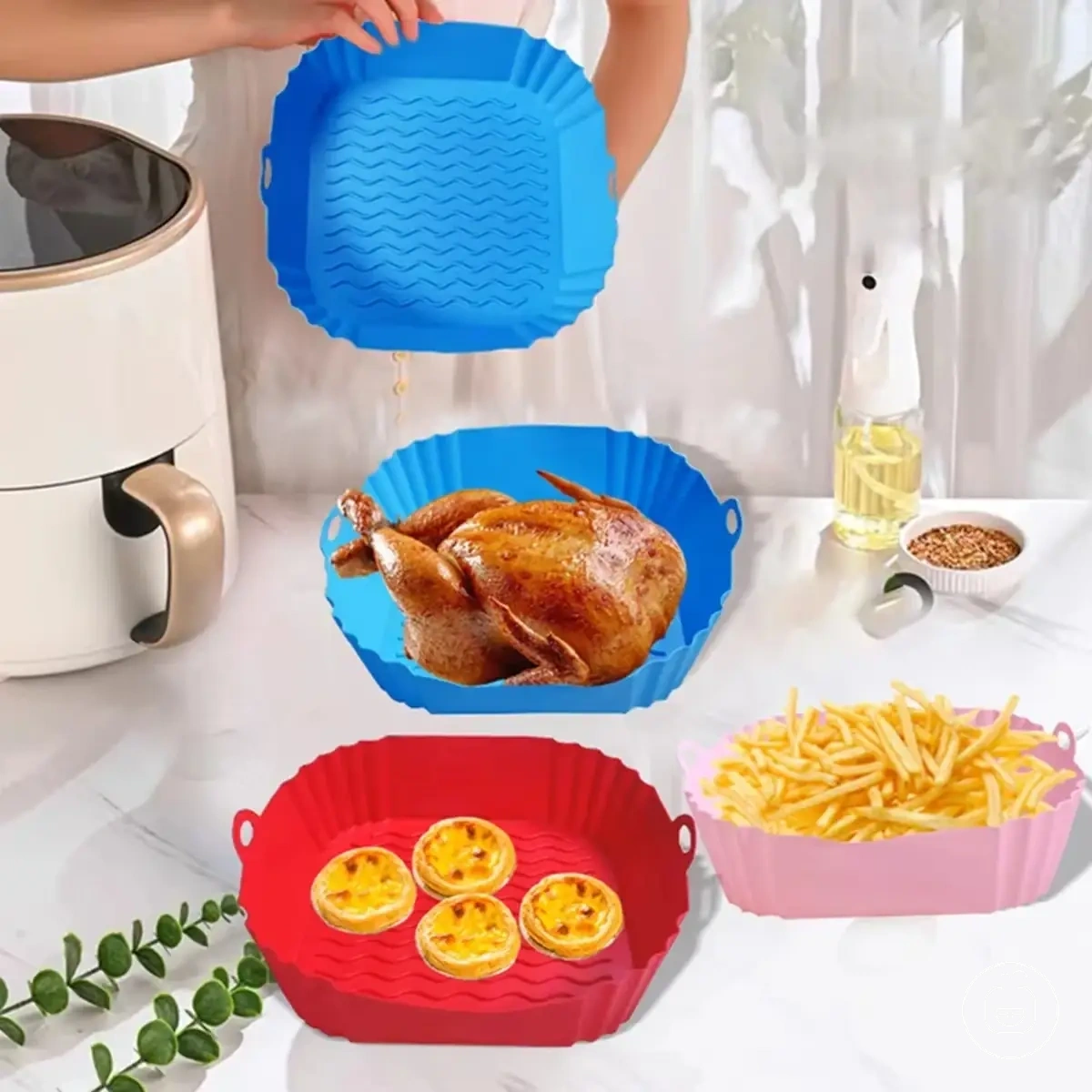 Recipiente cuadrado reutilizable de silicona apta para alimentos, bandeja y cesta de horneado para freidora de aire