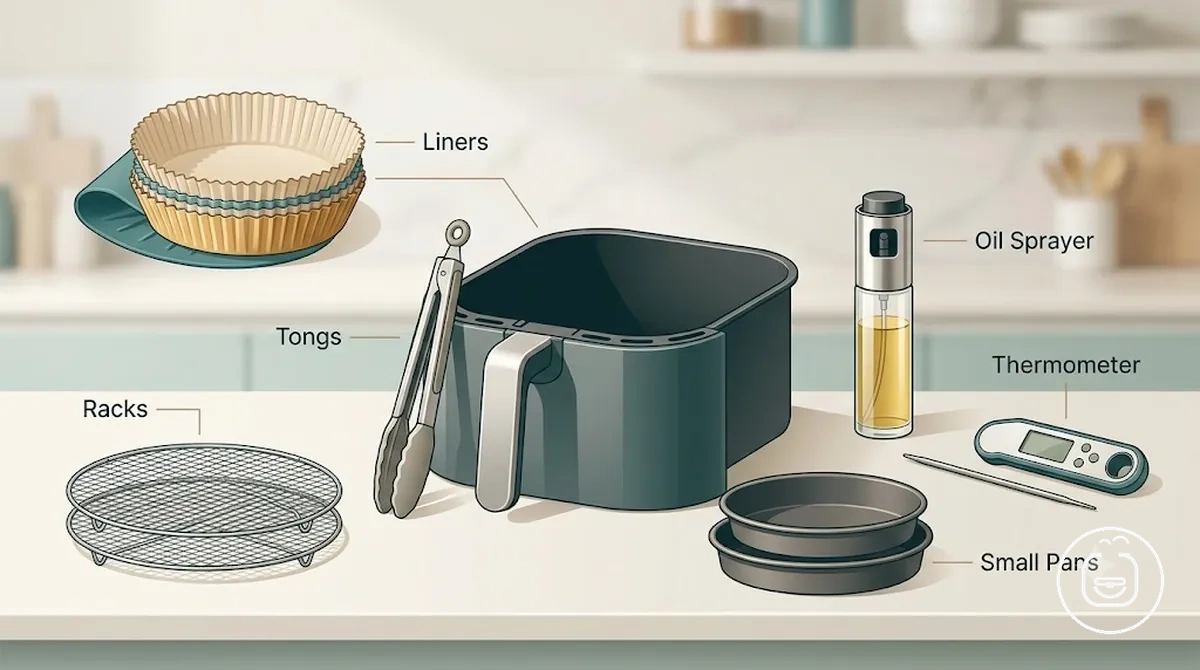 Accessoires prioritaires pour friteuse sans huile regroupés par nettoyage, espace de cuisson, manipulation et contrôle