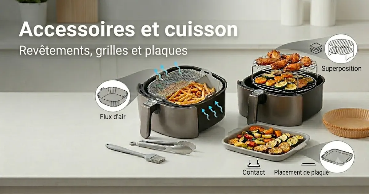 Accessoires pour friteuse sans huile disposés pour montrer l’effet des revêtements, grilles et plaques sur les résultats de cuisson