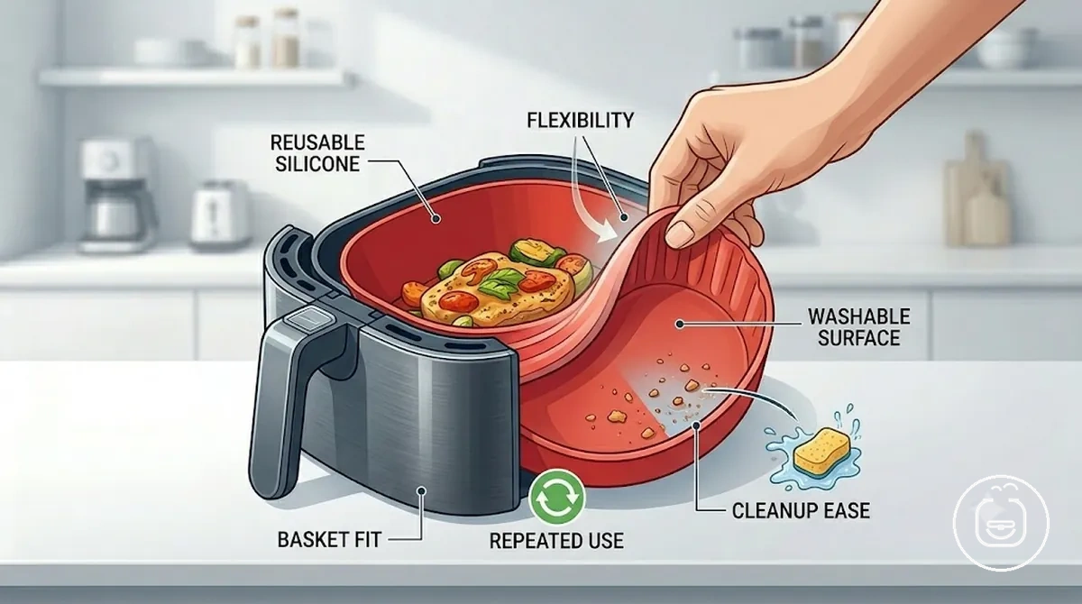 forro reutilizável de silicone para air fryer com bordas elevadas dentro do cesto da air fryer