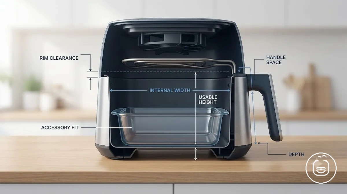Cesto da air fryer com largura interna, profundidade e altura útil marcadas para encaixe do acessório
