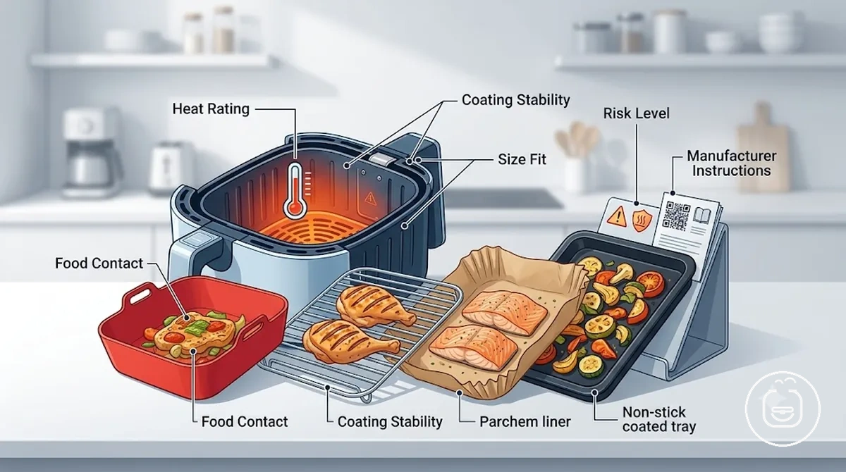 Diagrama mostrando classificação de temperatura, superfície de contato com alimentos, condição do revestimento e verificações de ajuste para um acessório de air fryer