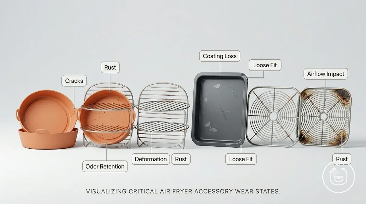 Acessórios de air fryer mostrando sinais de desgaste que afetam a segurança e a confiabilidade