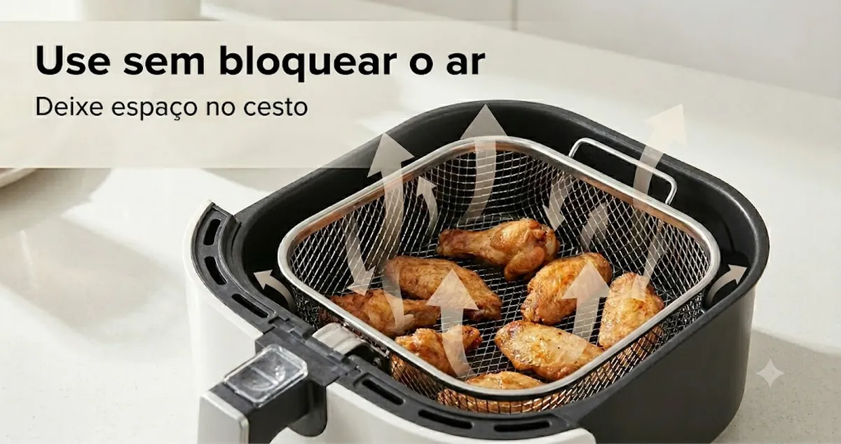 Acessórios para air fryer colocados dentro do cesto com espaço para o fluxo de ar
