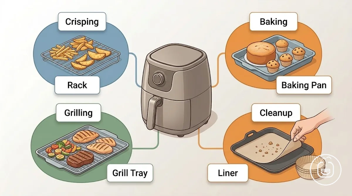 Pişirme ihtiyaçları air fryer aksesuar işlevleri ve kullanım durumlarıyla eşleştirildi