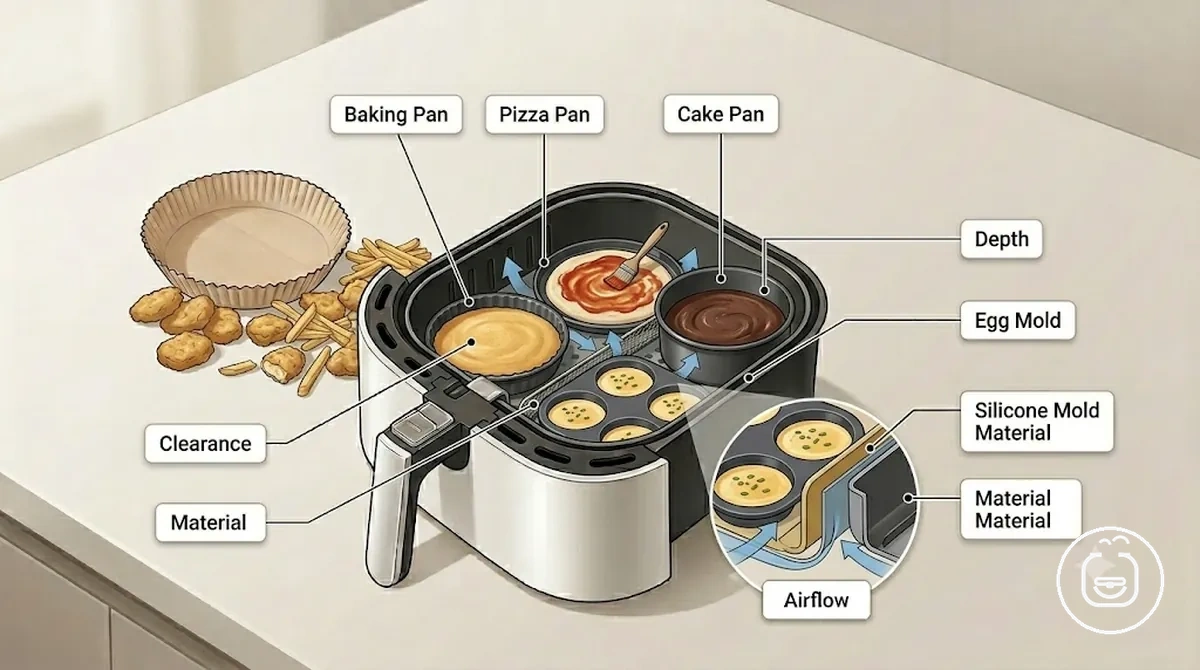 Air fryer fırın tepsisi, pizza tepsisi ve yumurta kalıbı sepet boşluğu ile gösterilmiştir