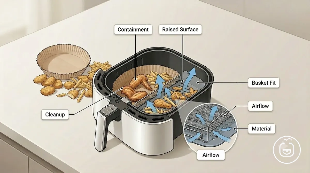 Air fryer aksesuar seçenekleri, muhafaza, kızartma, ızgara ve temizlik ihtiyaçlarına göre eşleştirilmiştir