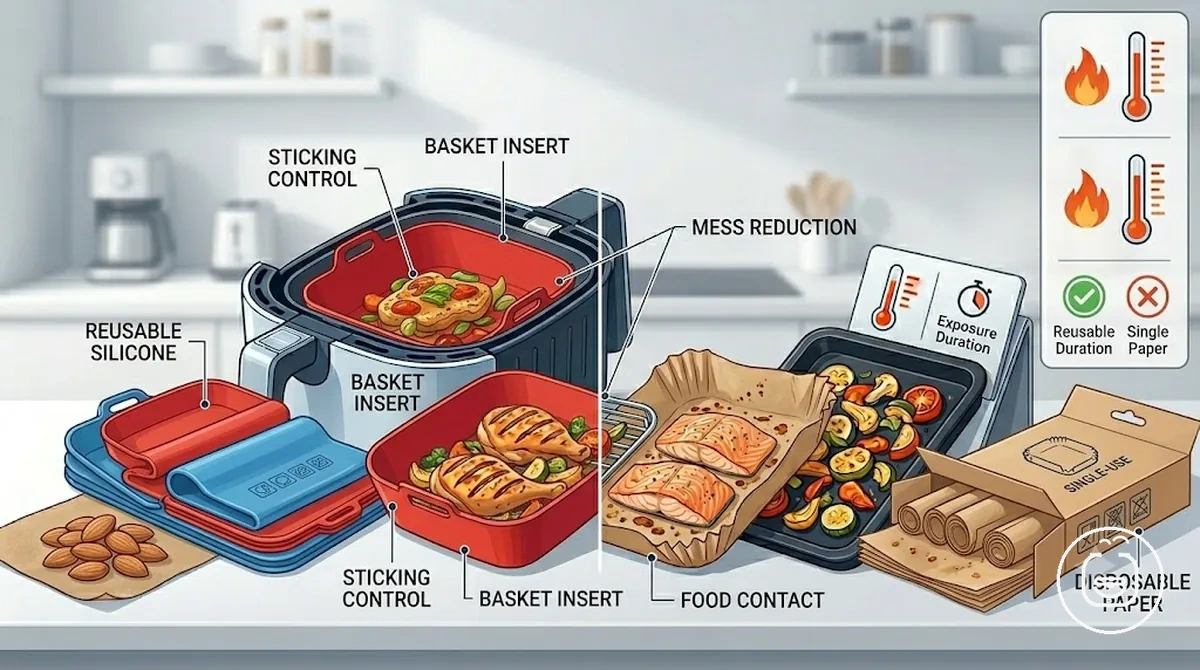 yeniden kullanılabilir silikon taban ve tek kullanımlık yağlı kağıt taban, air fryer taban türleri olarak etiketlenmiş
