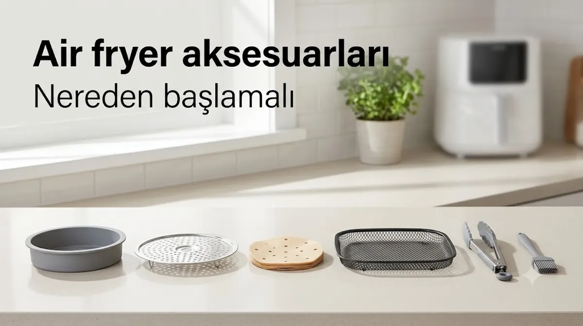 İlk kurulum için sade şekilde yerleştirilmiş başlangıç seviyesi air fryer aksesuarları